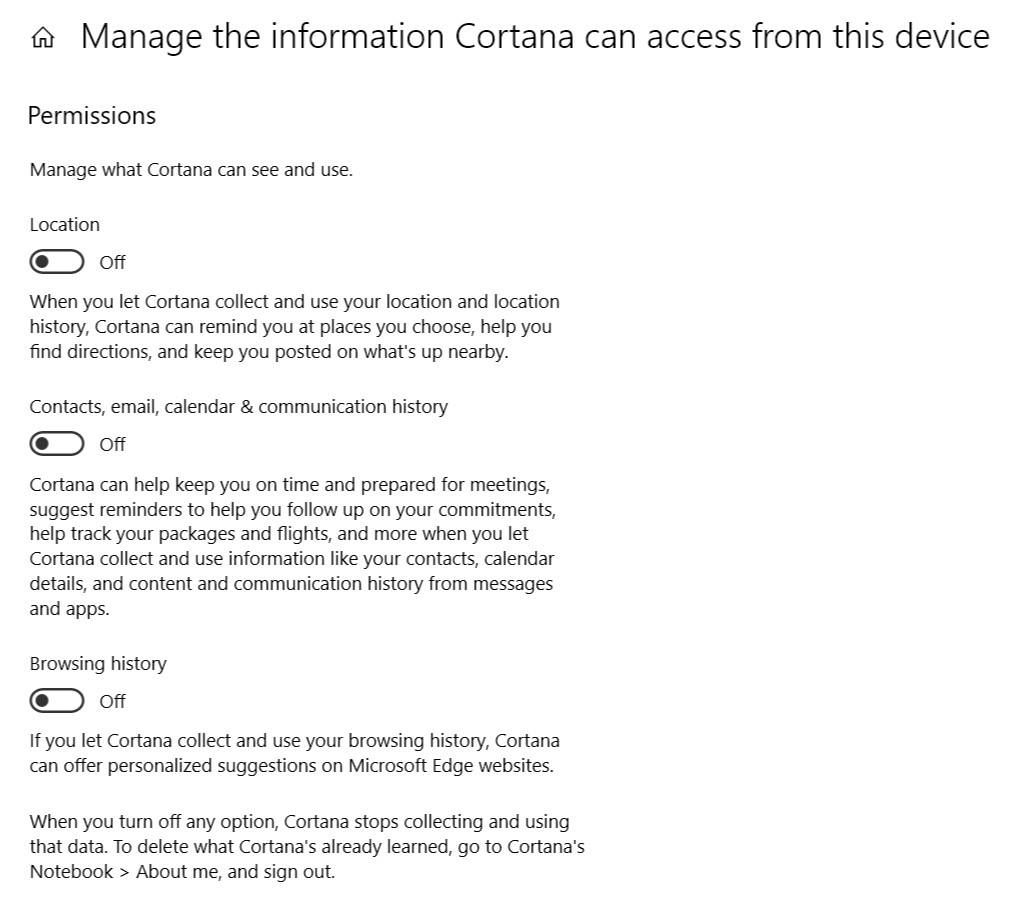 Управляйте информацией, к которой Cortana может получить доступ с устройства
